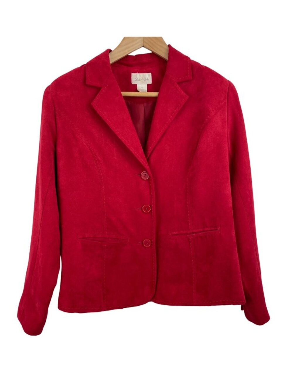Studio Works Red Faux Suede Button Up Lined Blazer Suit Jacket Womens Size 8